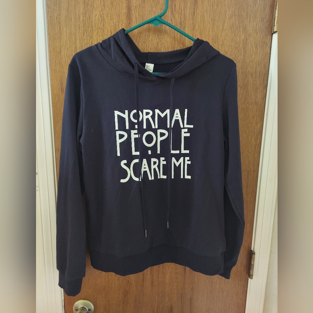 NWT "Normal People Scare Me" lightweight hoodie. Navy blue. Size S.